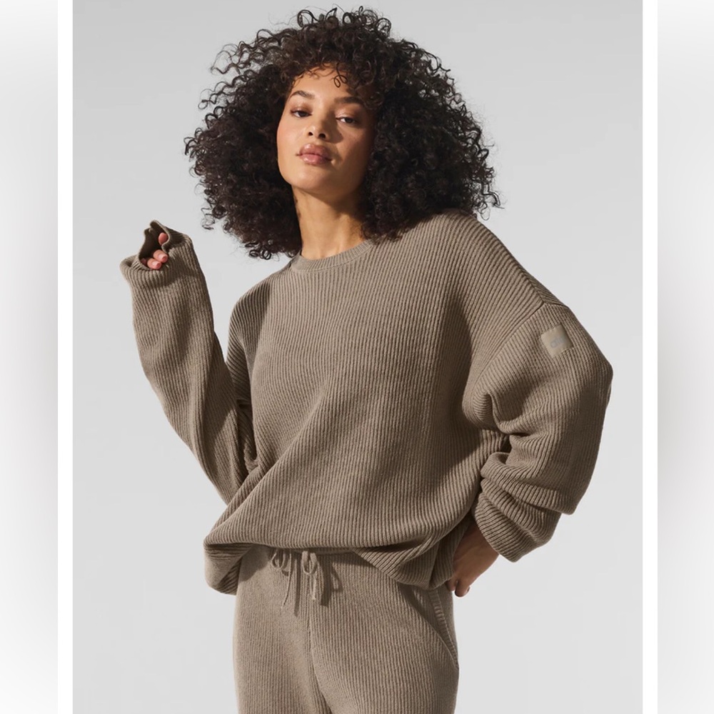 ALO Domain Rib Knit Crew Sweater in Gravel